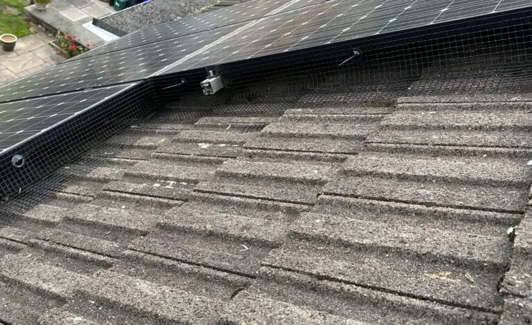 Solar panel with bird proofing mesh with clips.