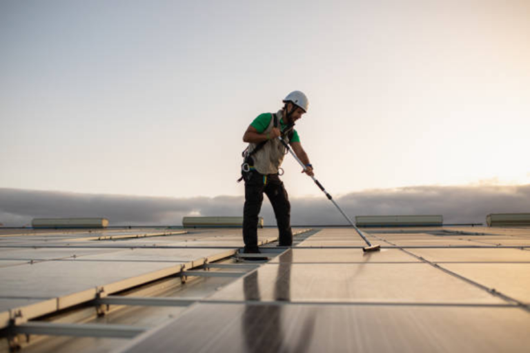 Exterior commercial cleaning on a roof.